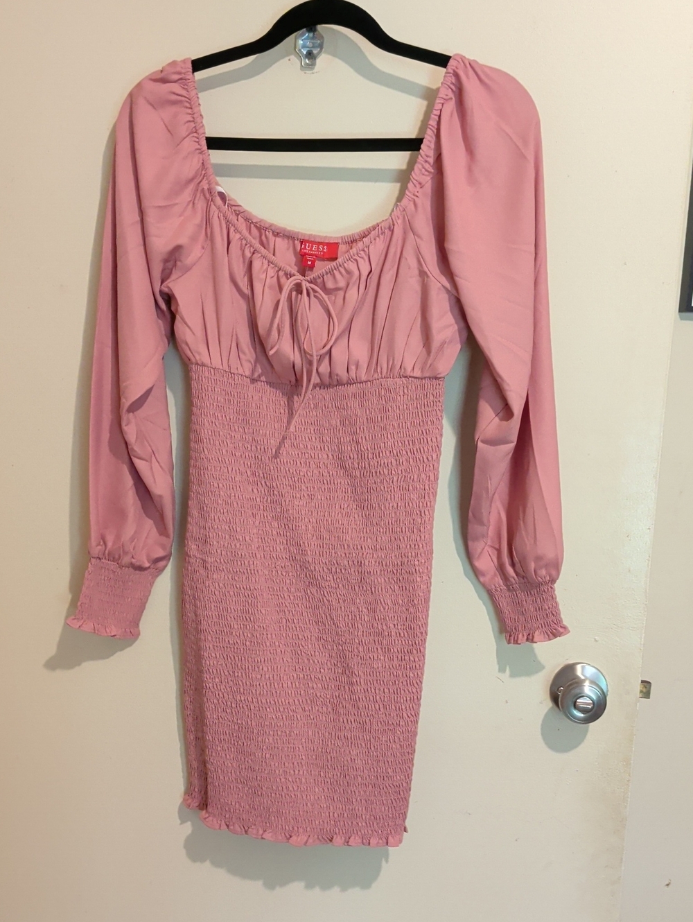 Guess Dusty Pink Smocked Long-Sleeve Dress